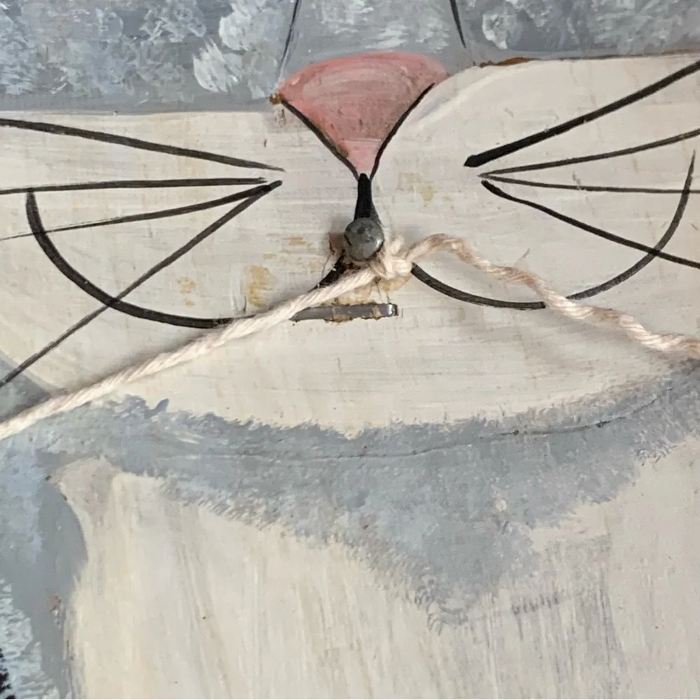 Vintage 90s Kitty Cat & Mouse Wall Hanger Handmade Wooden Folk Country Cottage